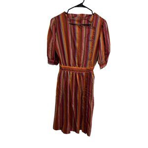 Vintage 80s Striped Button Front Puff Sleeve Midi Dress Colorful Retro Indie
